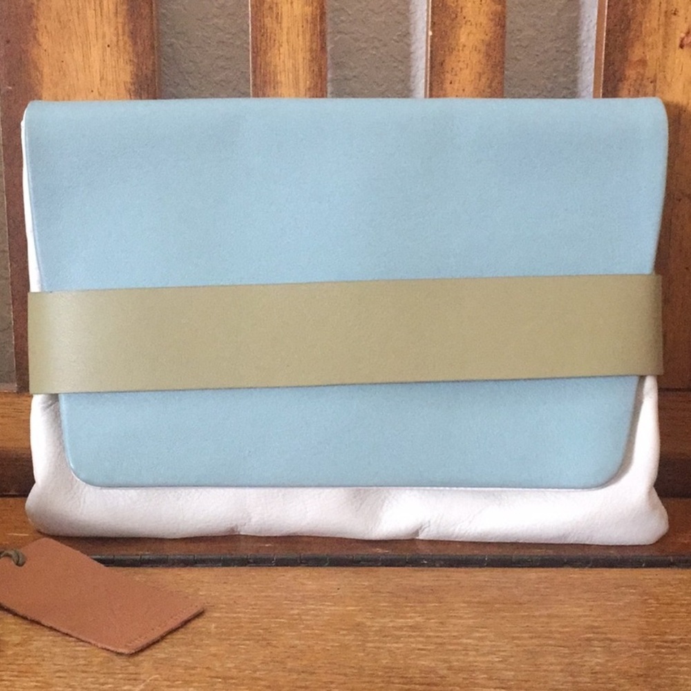 Antonio Cristiano Pastel Blue and White Colorblock Clutch with Lime Strap